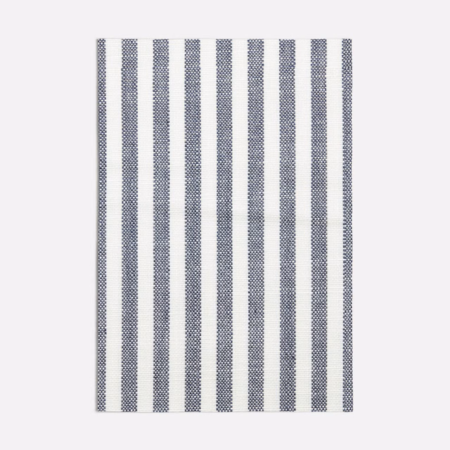Cool blue and ivory vertical stripe fabric with a fine woven texture
