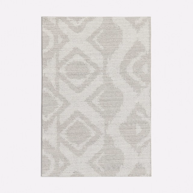 Pale Rancho Grey woven swatch with ivory geometric medallions and textured diagonal weave