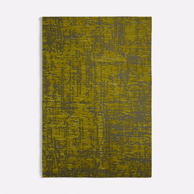Olive-green fabric swatch with charcoal grey, distressed linear woven texture