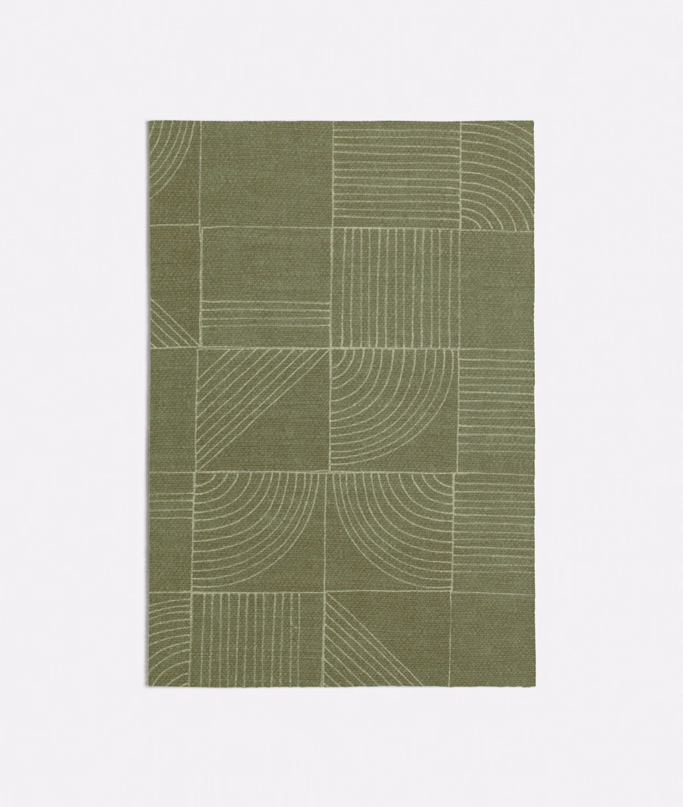 Muted olive green textile with cream geometric arcs, grids and fine woven texture