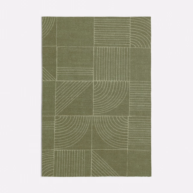 Muted olive green textile with cream geometric arcs, grids and fine woven texture