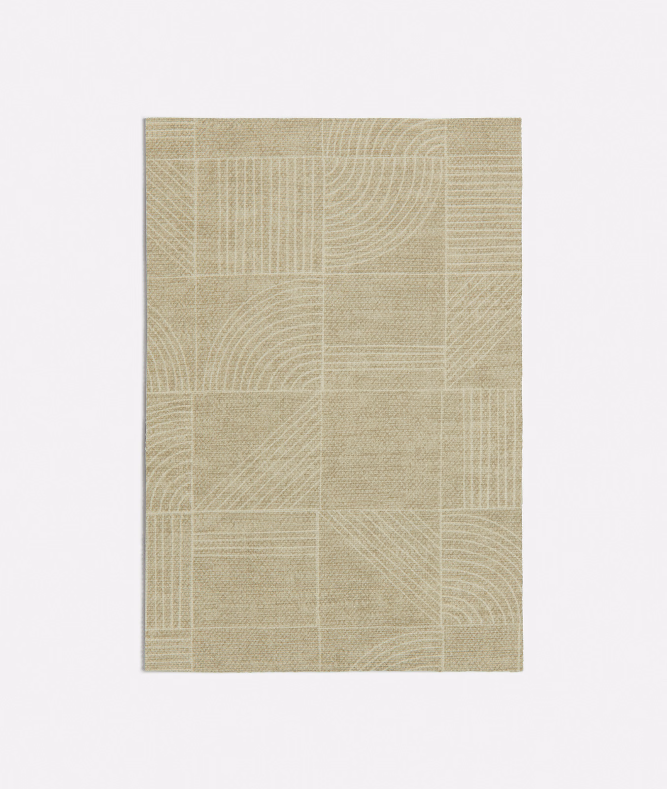 Muted olive-beige woven swatch with geometric panels and fine curved linework