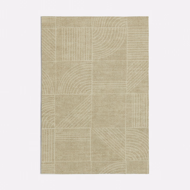 Muted olive-beige woven swatch with geometric panels and fine curved linework