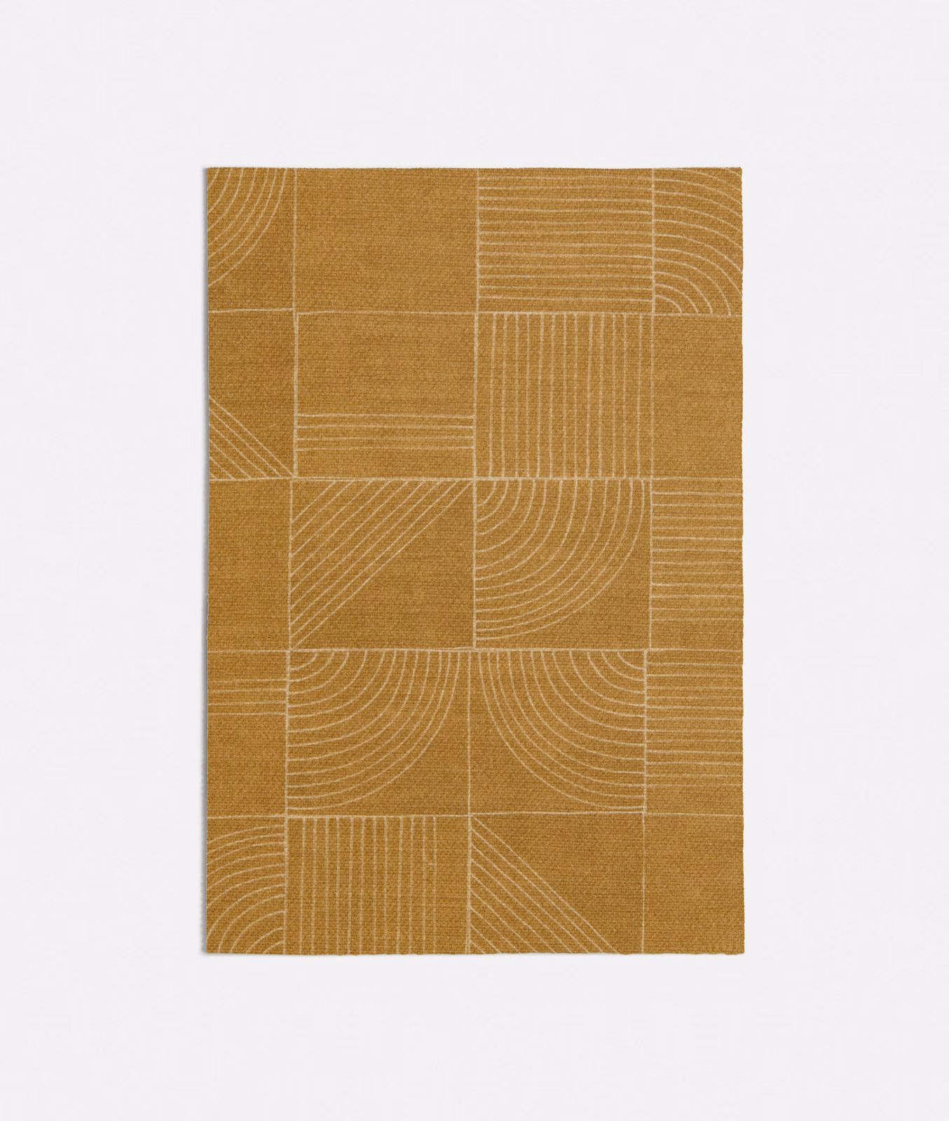 Warm ochre woven textile with cream arcs, grids and rectangular geometric panels
