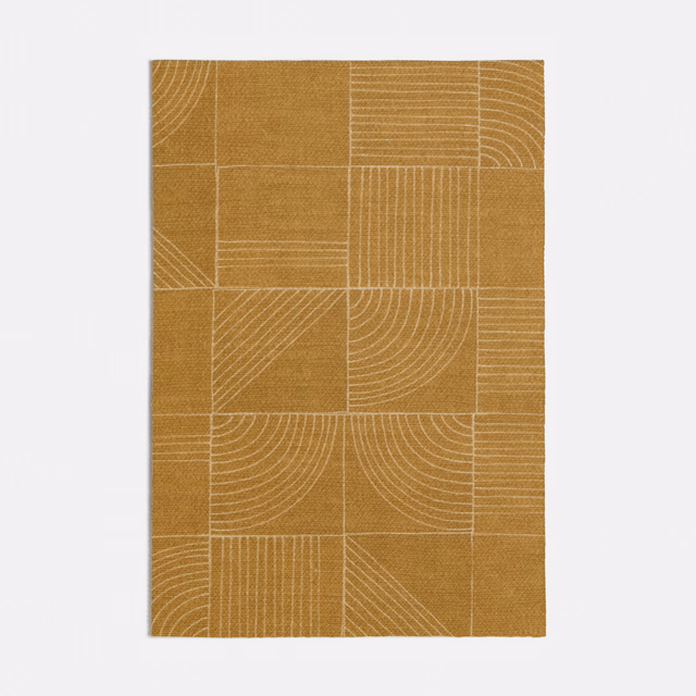 Warm ochre woven textile with cream arcs, grids and rectangular geometric panels