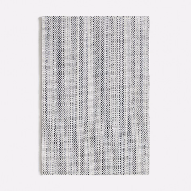 Muted blue-grey chenille with fine vertical dotted stripes on a pale woven ground