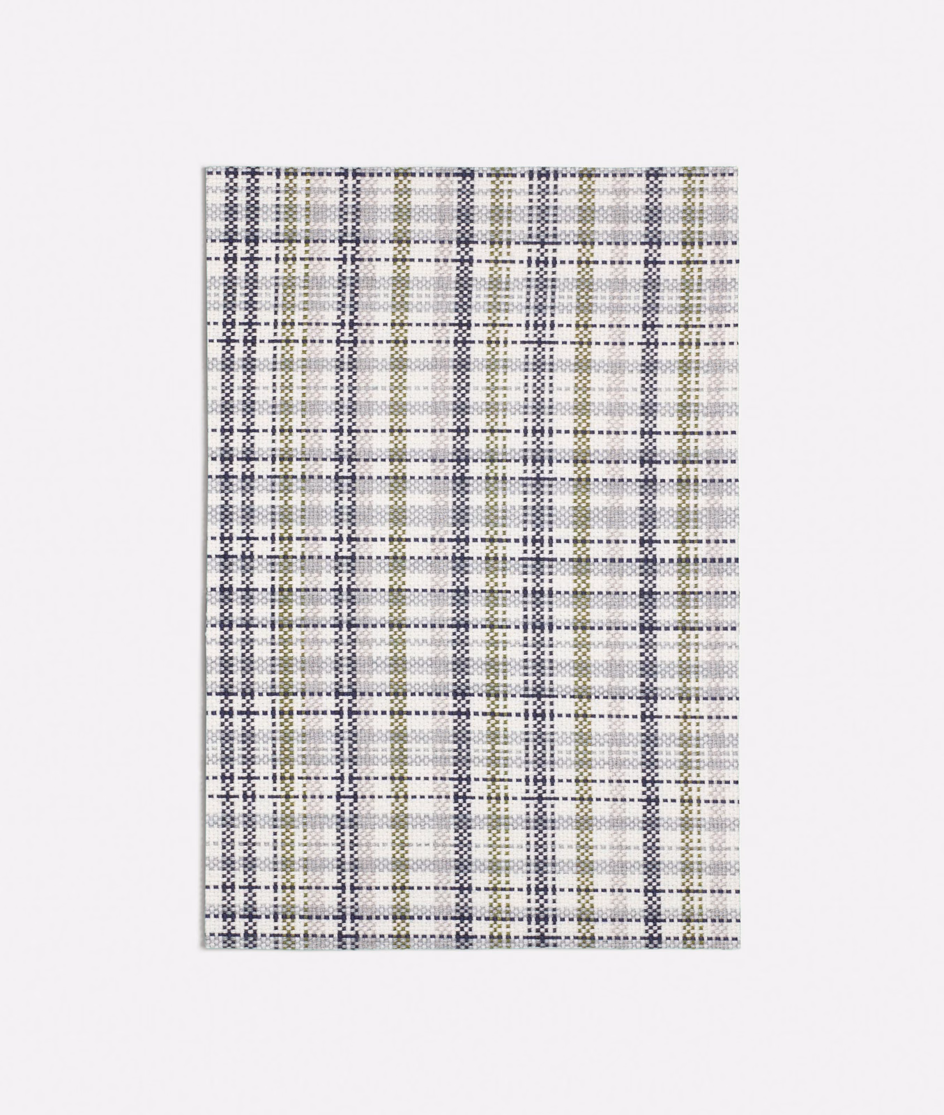 Cool blue, grey and ivory checked plaid fabric with a finely textured woven appearance