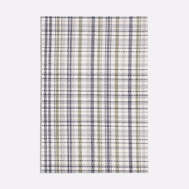 Cool blue, grey and ivory checked plaid fabric with a finely textured woven appearance