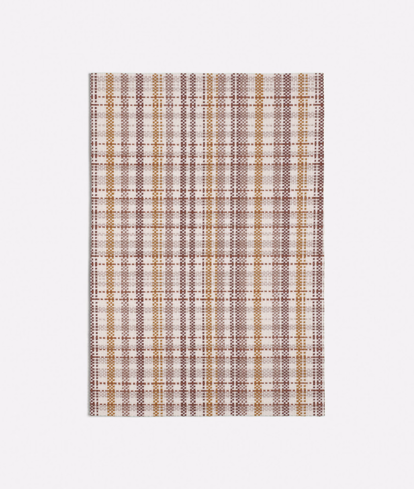 Warm terracotta and cream plaid with narrow taupe lines in a woven swatch