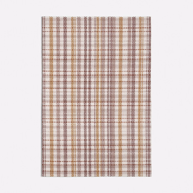 Warm terracotta and cream plaid with narrow taupe lines in a woven swatch