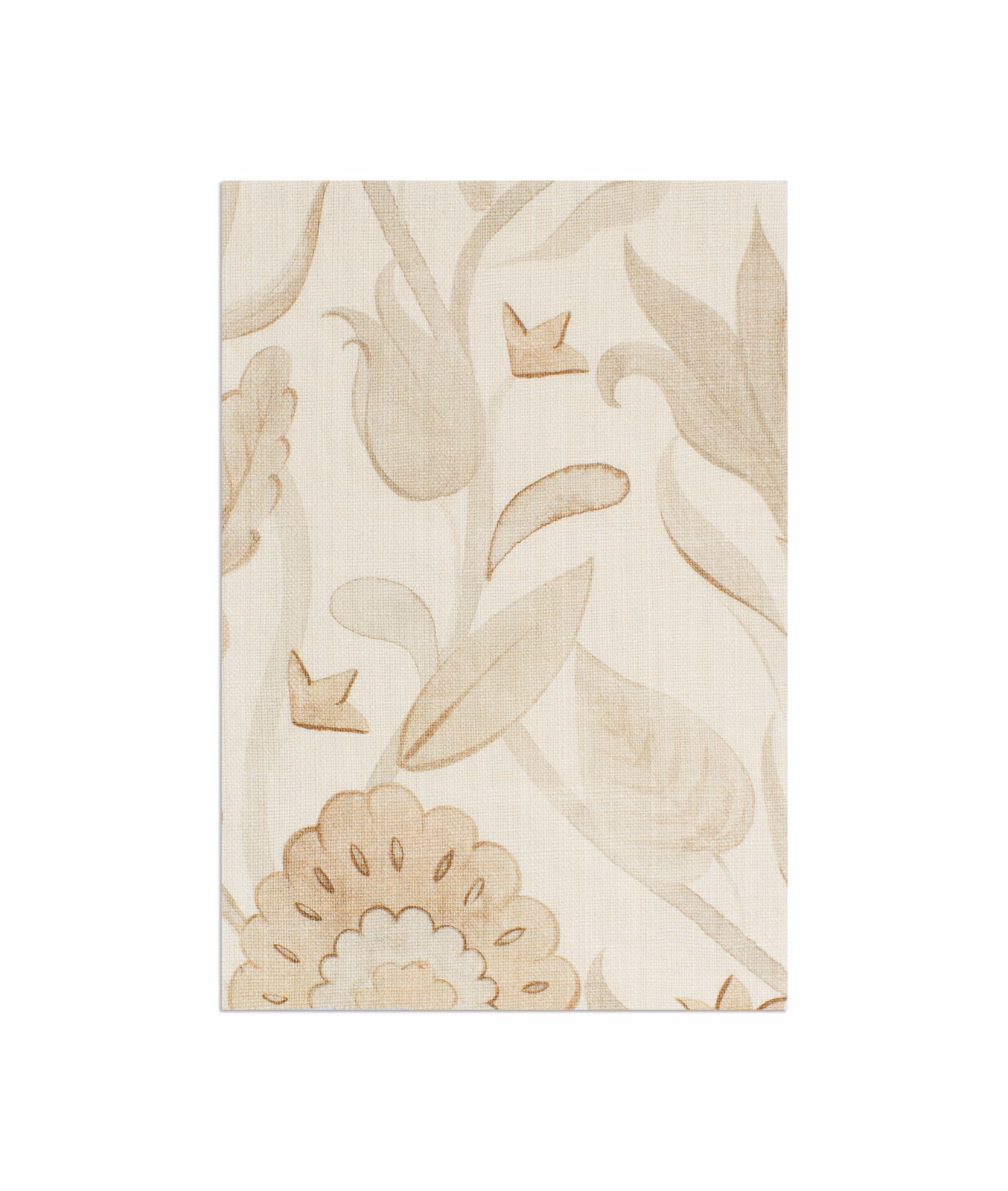 Warm beige botanical fabric with oversized leaves, petals and subtle vertical texture