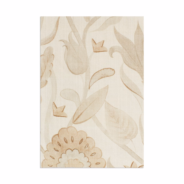 Warm beige botanical fabric with oversized leaves, petals and subtle vertical texture