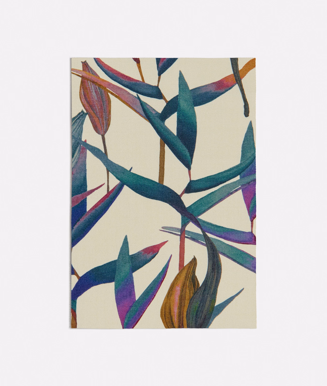 Cream fabric with oversized teal leaves, magenta accents and branching botanical forms