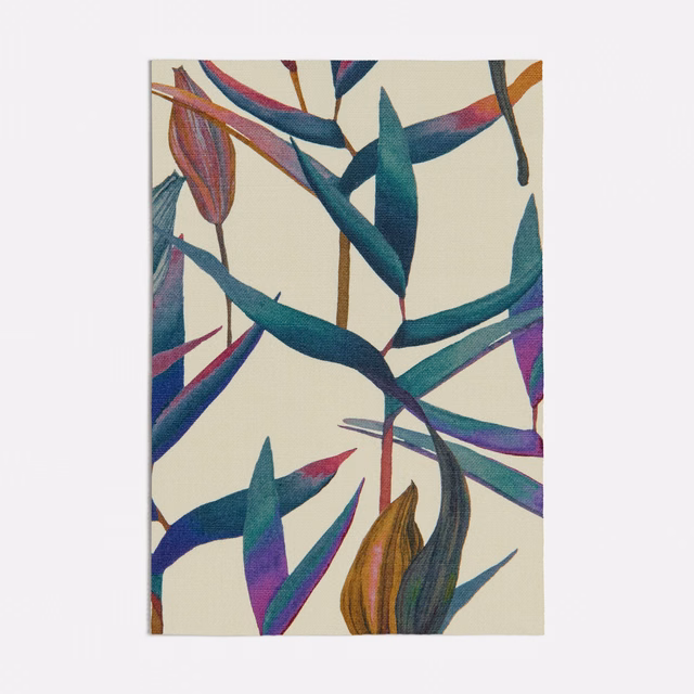 Cream fabric with oversized teal leaves, magenta accents and branching botanical forms