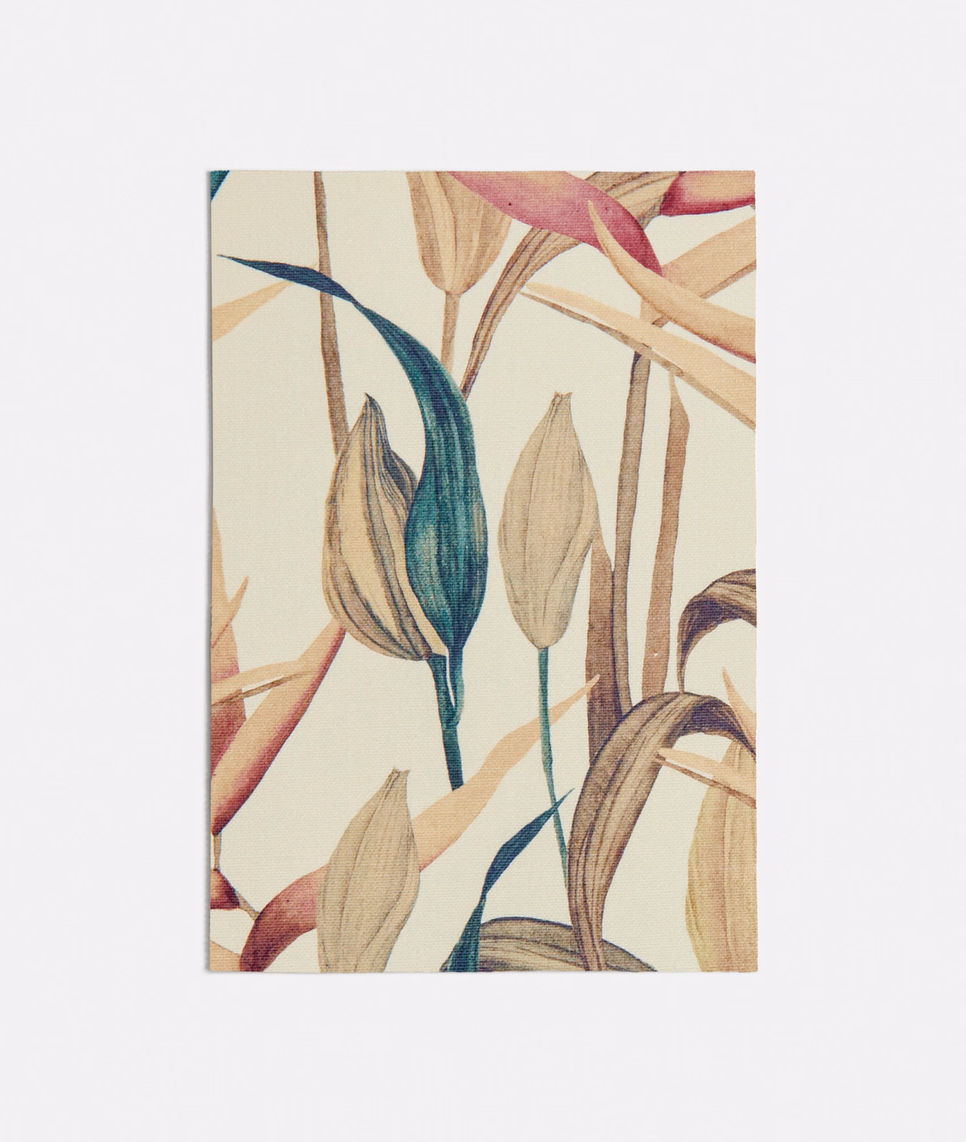 Cream botanical textile with seafoam leaf, coral petals, and tan stems