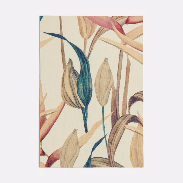 Cream botanical textile with seafoam leaf, coral petals, and tan stems