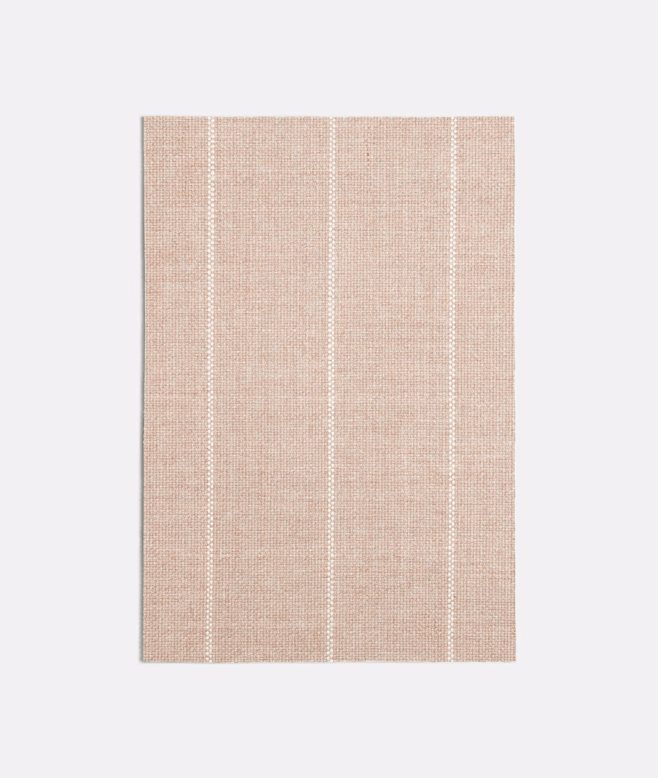 Powder pink woven textile with narrow white vertical stripe bands and fine texture