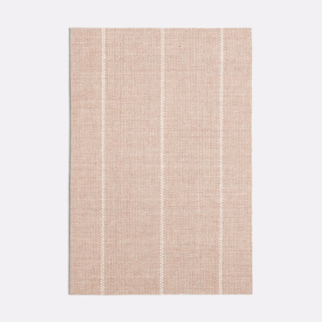 Powder pink woven textile with narrow white vertical stripe bands and fine texture