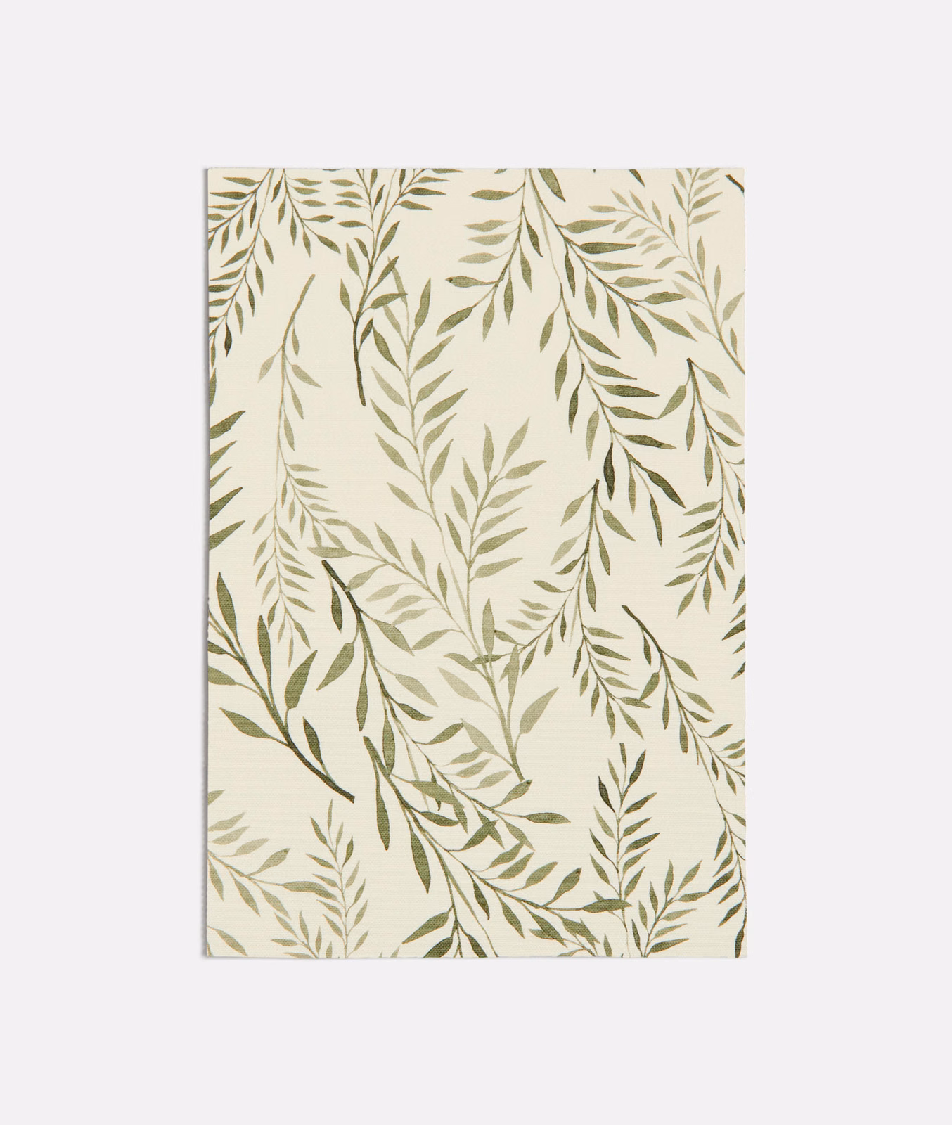 Cream fabric with muted sage and olive-green leafy branches in a loose botanical pattern