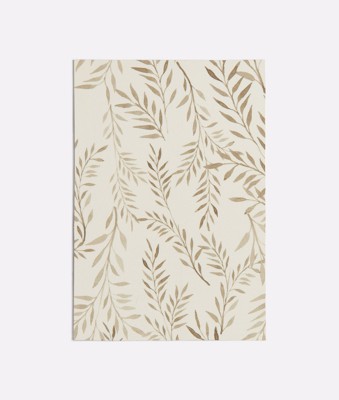 Warm cream fabric with trailing taupe leaf branches and a fine matte weave