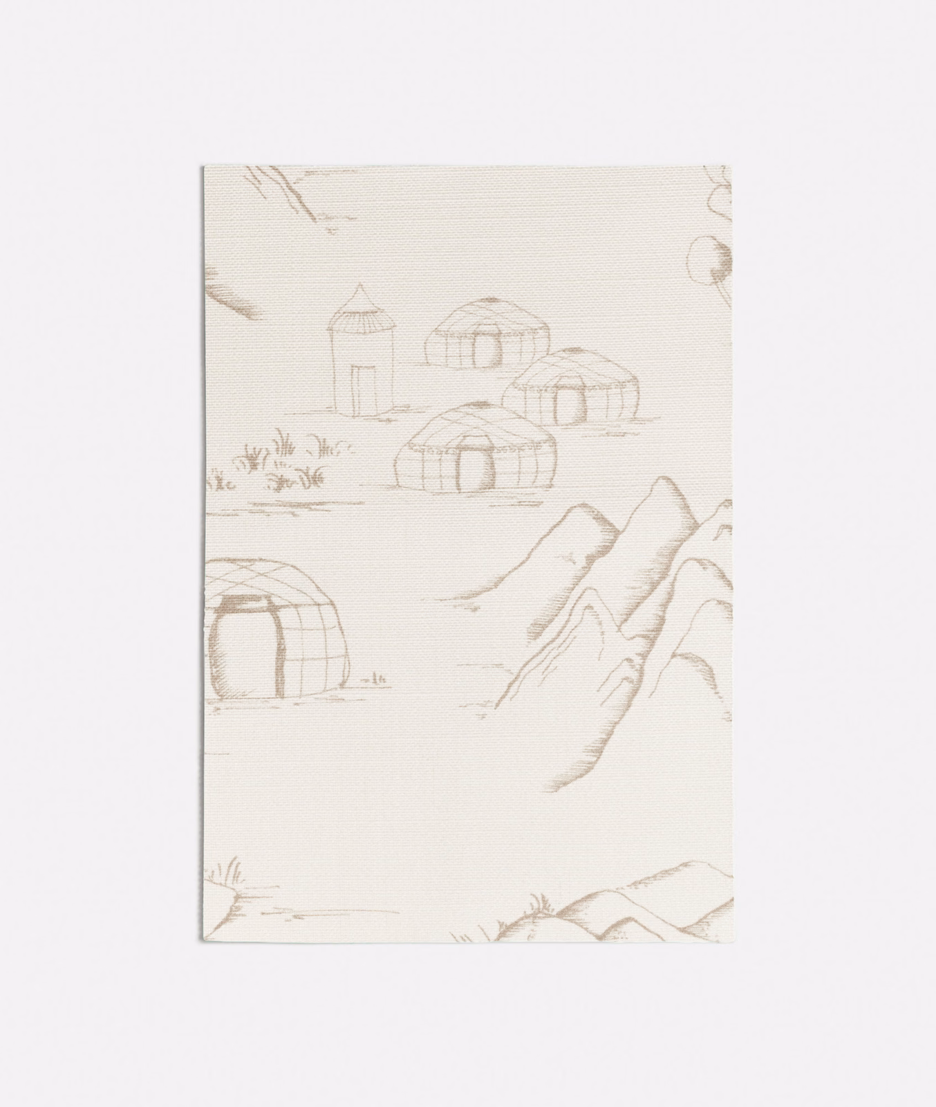 Ivory beige fabric with fine yurts, mountain ridges and sparse landscape linework