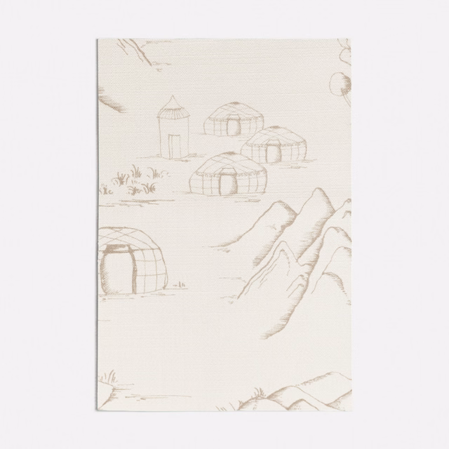 Ivory beige fabric with fine yurts, mountain ridges and sparse landscape linework