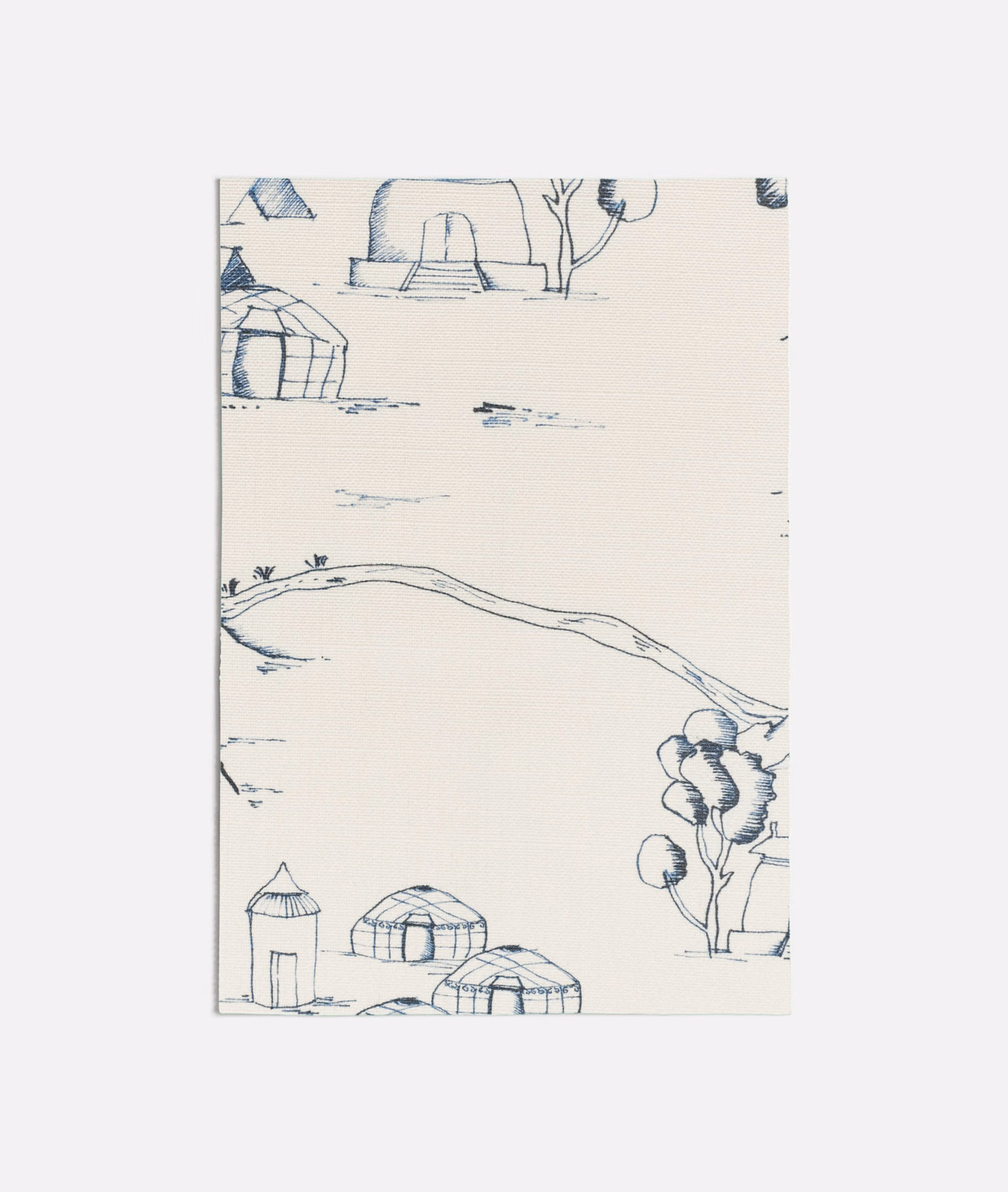 Muted blue landscape linework with huts, trees and a winding river on ivory fabric