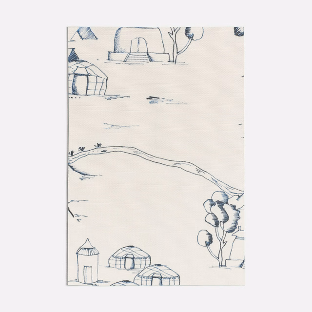 Muted blue landscape linework with huts, trees and a winding river on ivory fabric