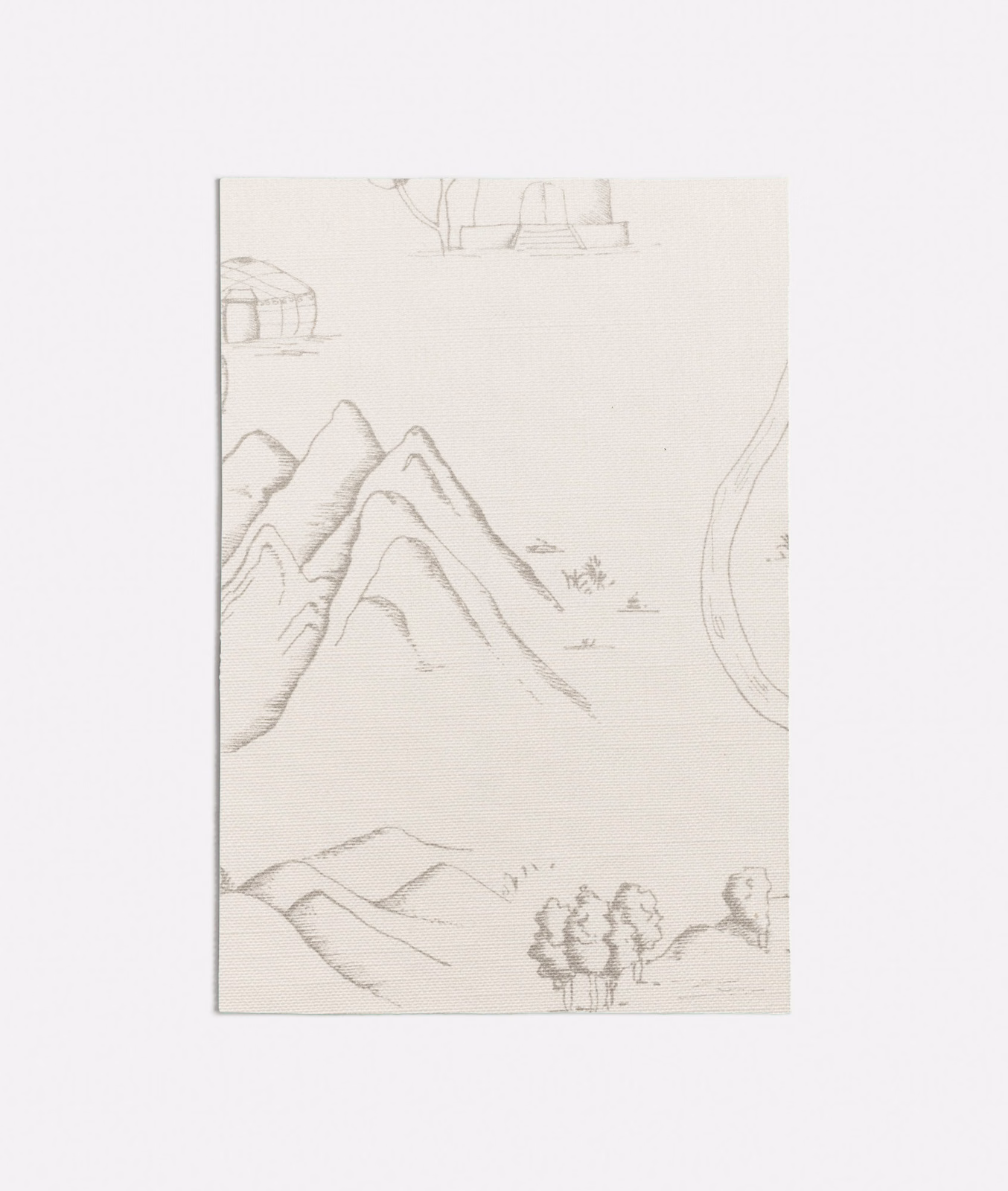 Pale grey woven fabric with sketched mountains, distant trees and fine horizontal texture