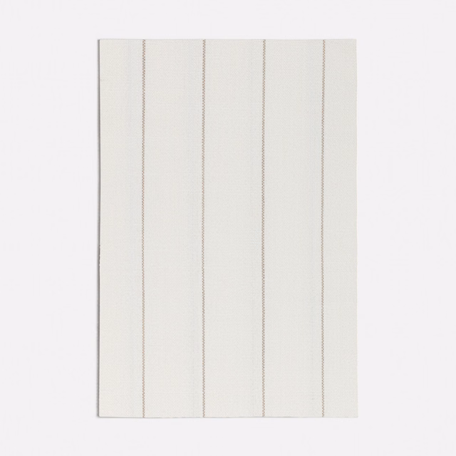 Pale beige woven swatch with narrow taupe vertical stripes and subtle texture