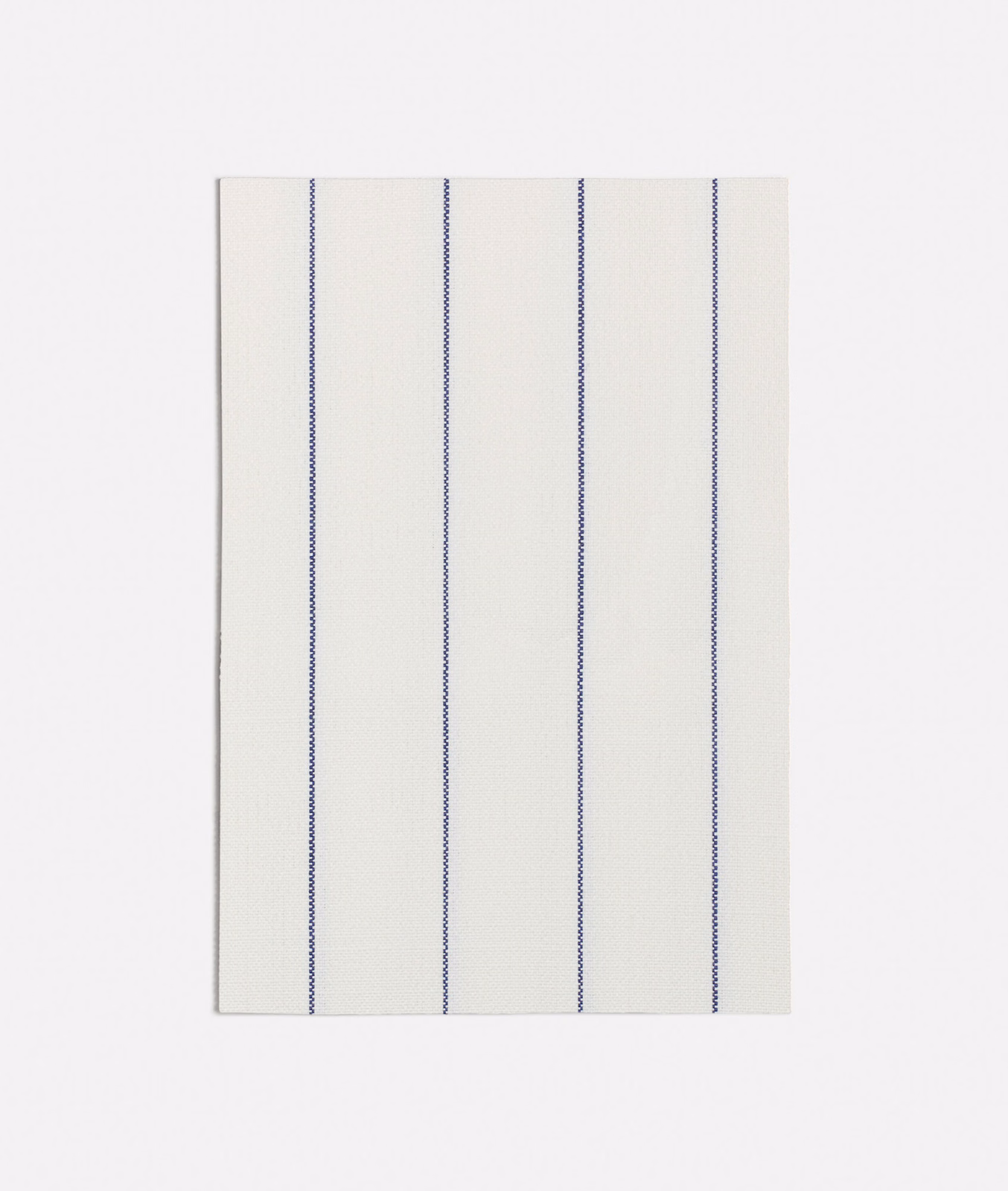 Warm white fabric with fine vertical blue dotted stripes and an even woven texture
