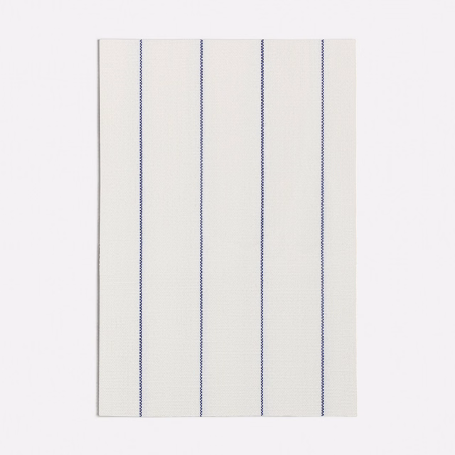 Warm white fabric with fine vertical blue dotted stripes and an even woven texture