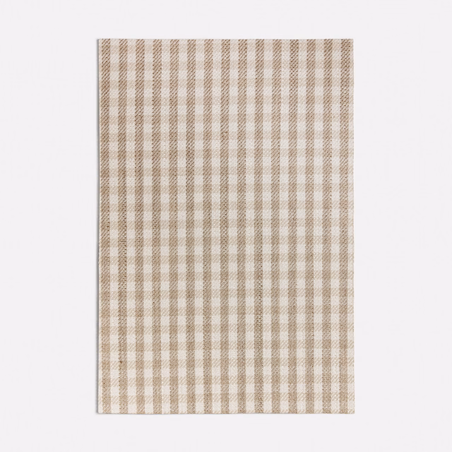 Warm ivory fabric with fine taupe vertical stripes forming a small woven check