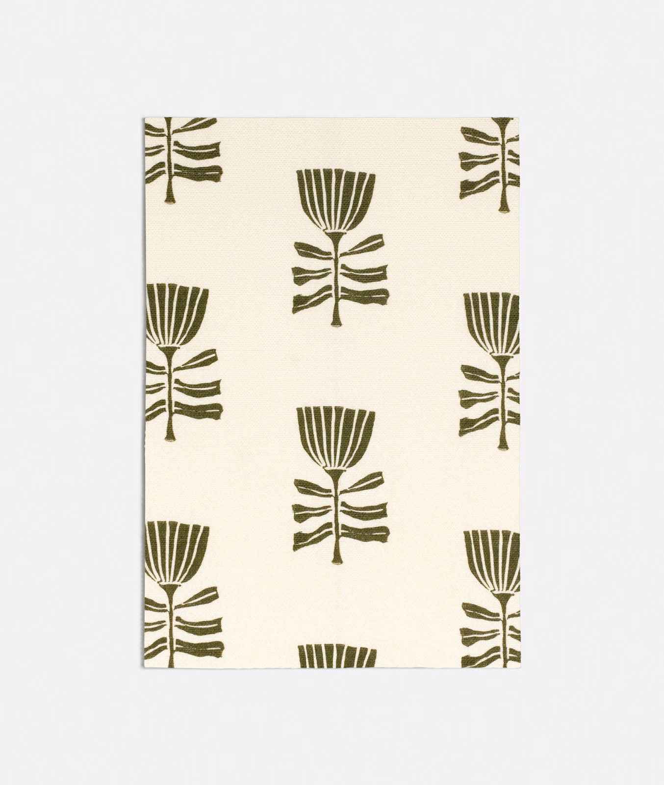 Cream fabric with repeated muted olive tulip motifs in a stylised botanical layout