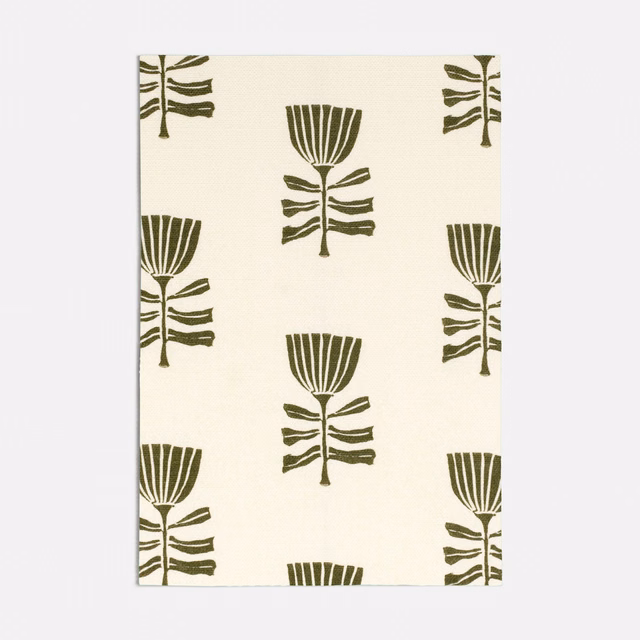 Cream fabric with repeated muted olive tulip motifs in a stylised botanical layout