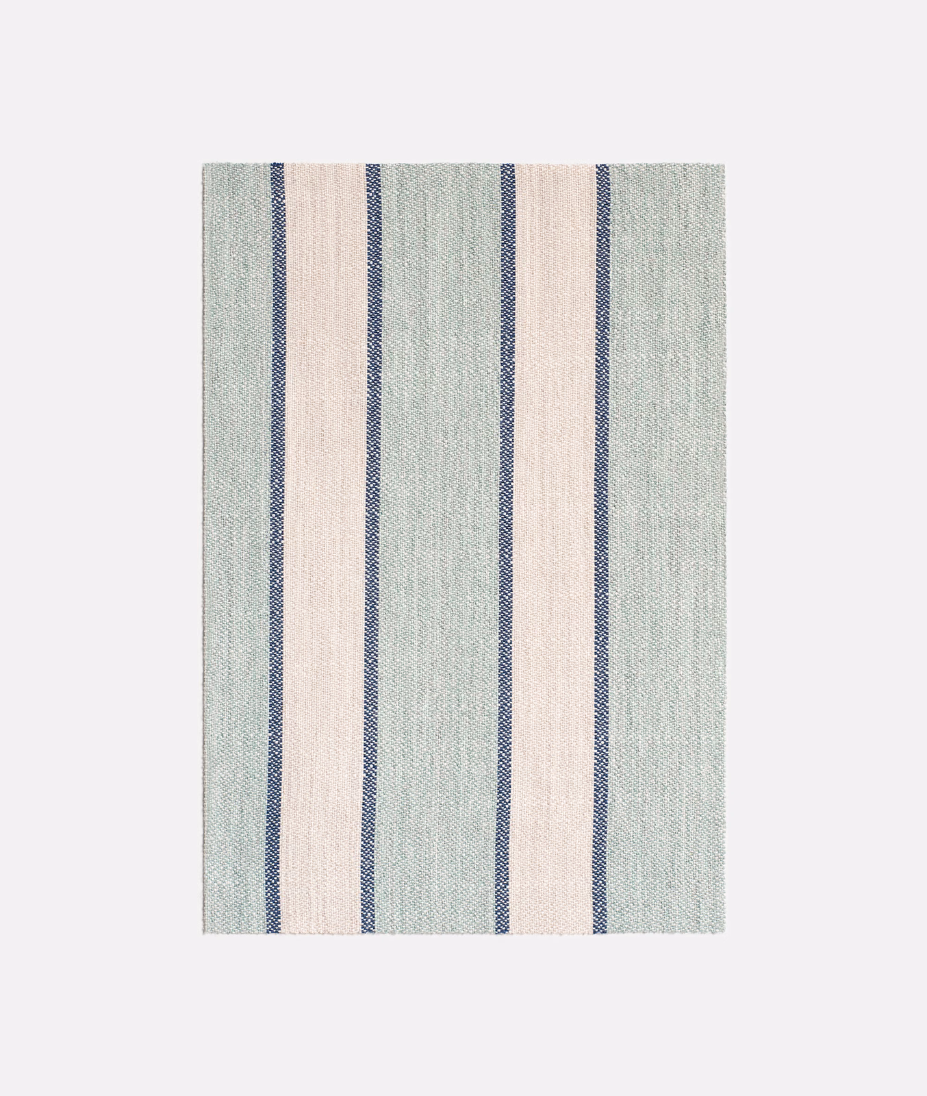 Pale blue-green woven fabric with narrow navy and ivory vertical stripes