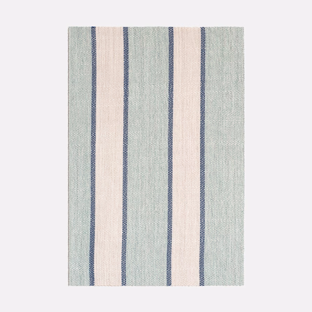 Pale blue-green woven fabric with narrow navy and ivory vertical stripes