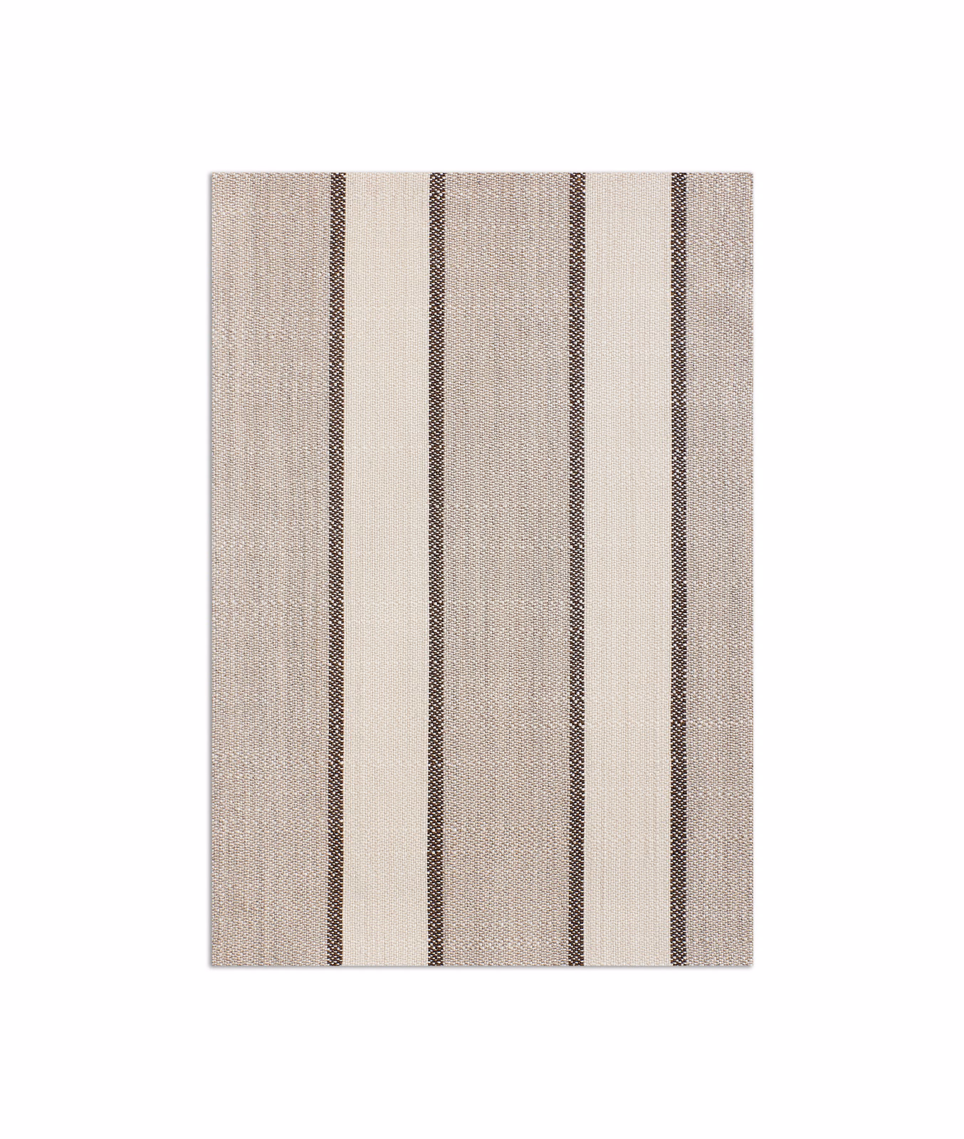 Warm taupe woven fabric with slim dark brown vertical stripes