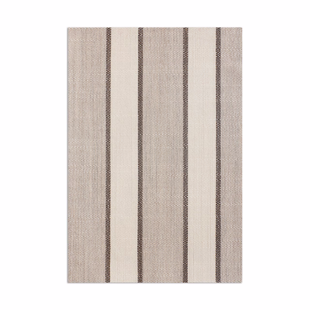 Warm taupe woven fabric with slim dark brown vertical stripes