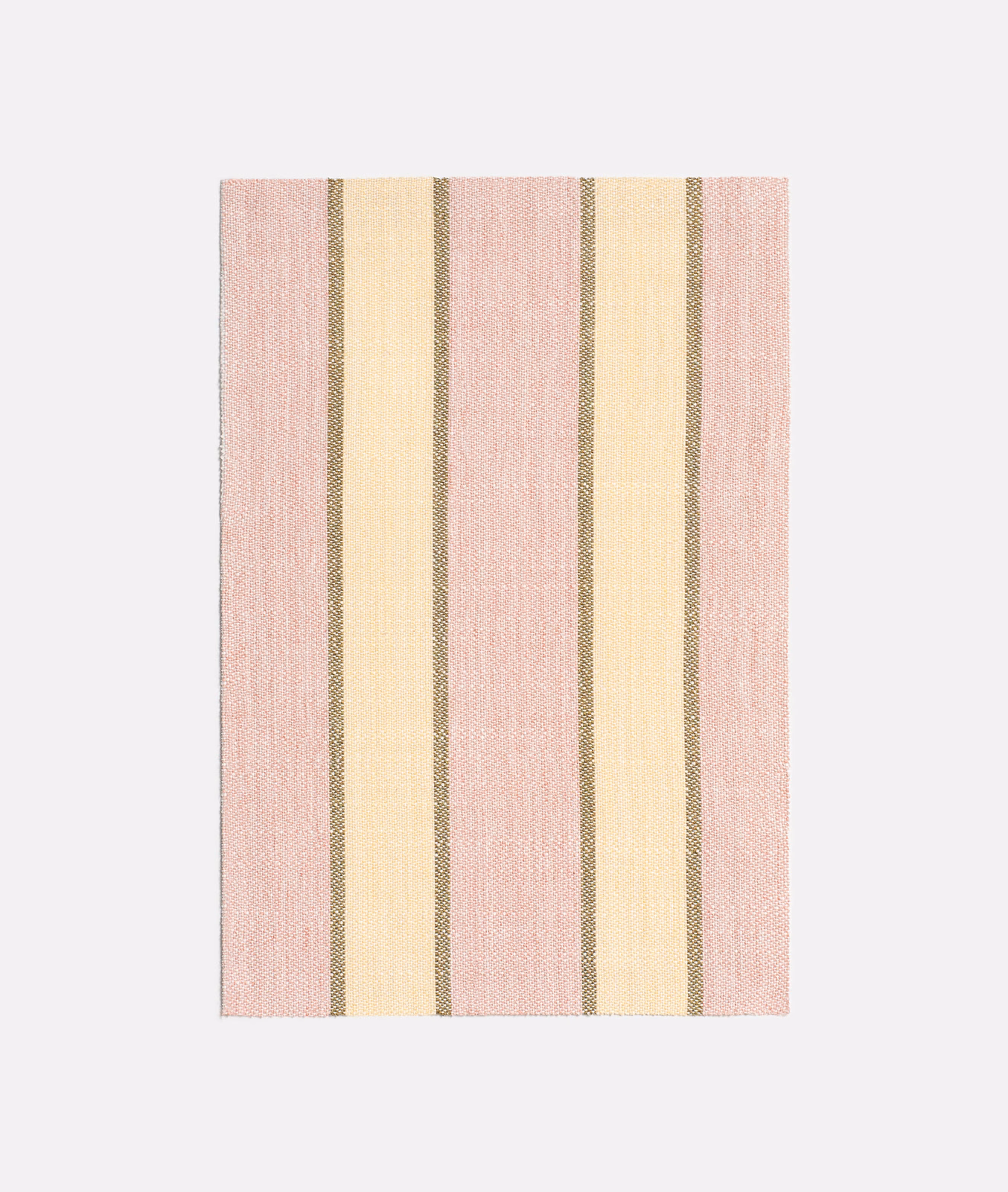 Blush pink and pale yellow vertical stripes with narrow olive-taupe woven lines
