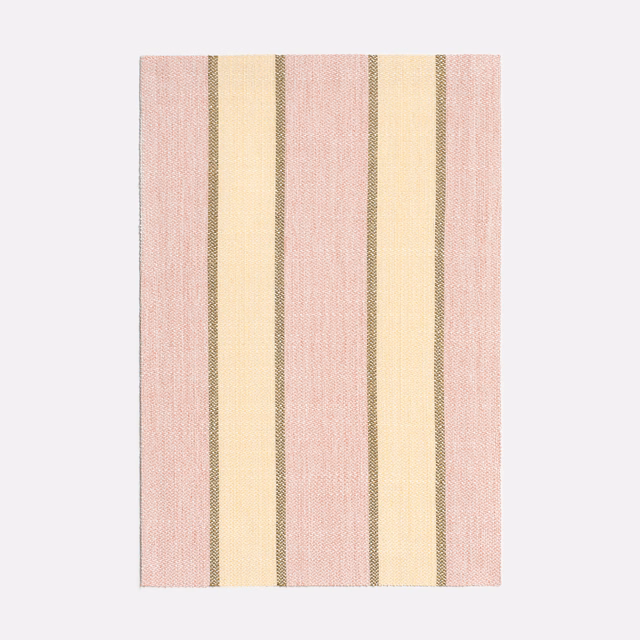 Blush pink and pale yellow vertical stripes with narrow olive-taupe woven lines
