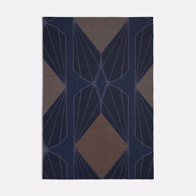 Deep navy geometric fabric with taupe ground and fine angular linework