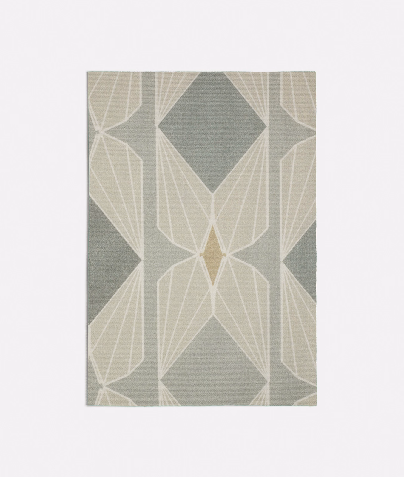 Muted seafoam woven fabric with ivory Art Deco fans and deeper green diamonds