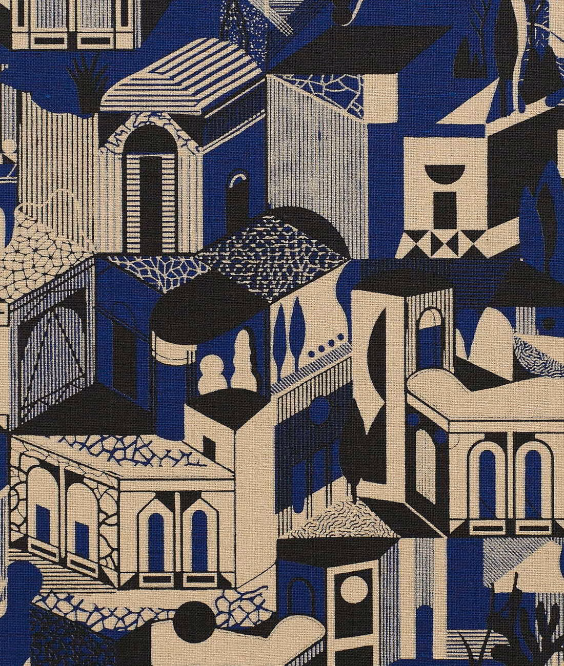 Ink-blue architectural houses with cream linework and black geometric details