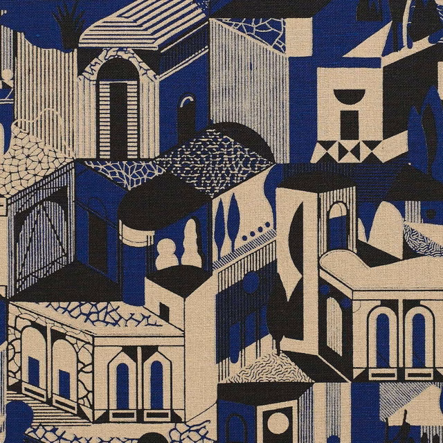 Ink-blue architectural houses with cream linework and black geometric details