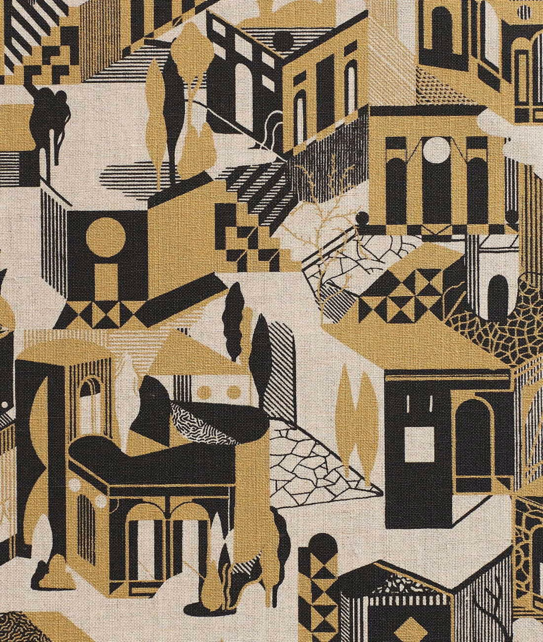Black, camel and ivory woven fabric with an architectural geometric cityscape motif