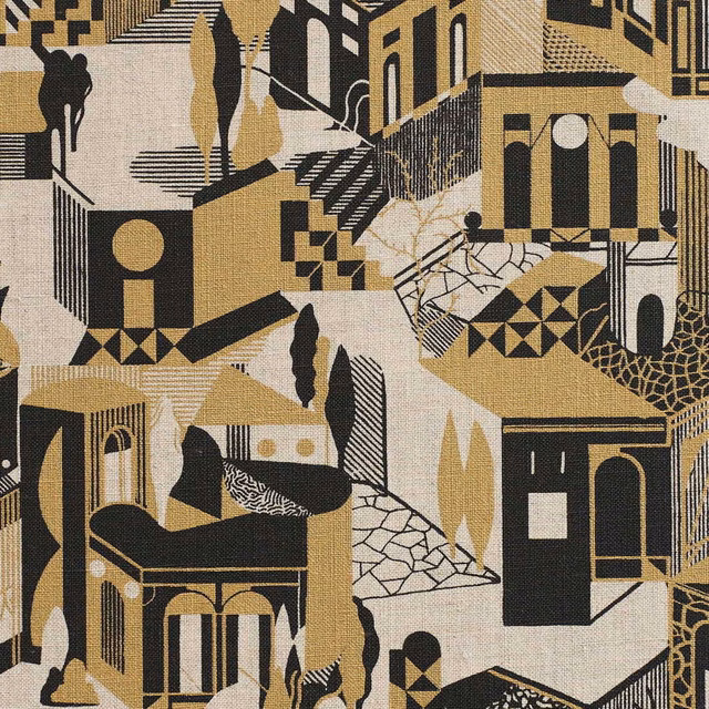 Black, camel and ivory woven fabric with an architectural geometric cityscape motif