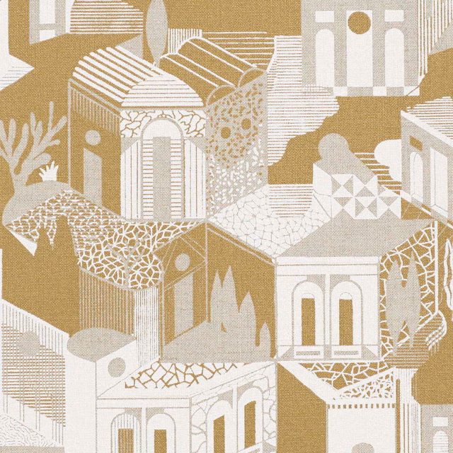 Muted ochre and ivory architectural motif with fine woven texture