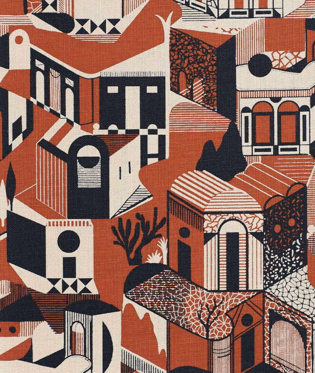Terracotta architectural fabric with cream arches, charcoal blocks and dense geometric detailing