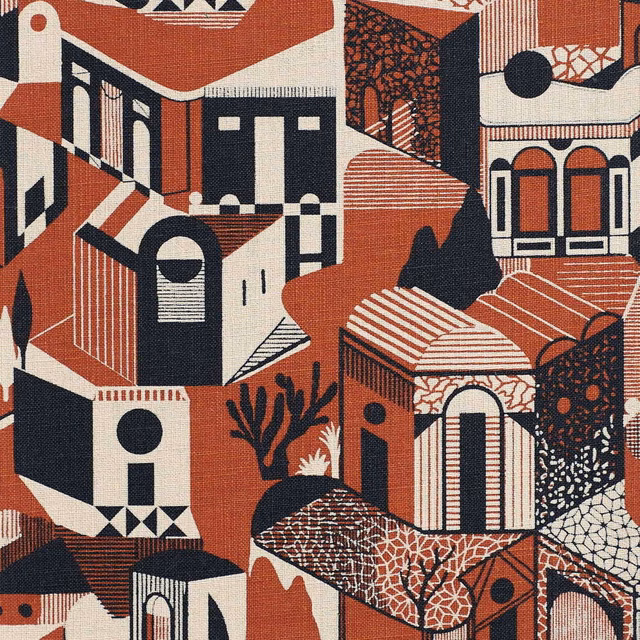 Terracotta architectural fabric with cream arches, charcoal blocks and dense geometric detailing